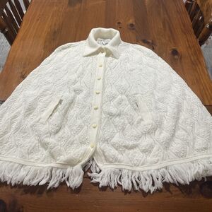 British Vogue Wintuk Vintage Womens Ivory Fringe Knit Button Up Sweater Shawl